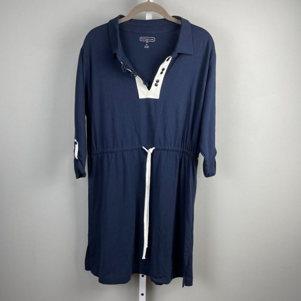 Duffield‎ Lane Navy Blue Nautical Coastal Tie Waist Cotton Blend Dress L
